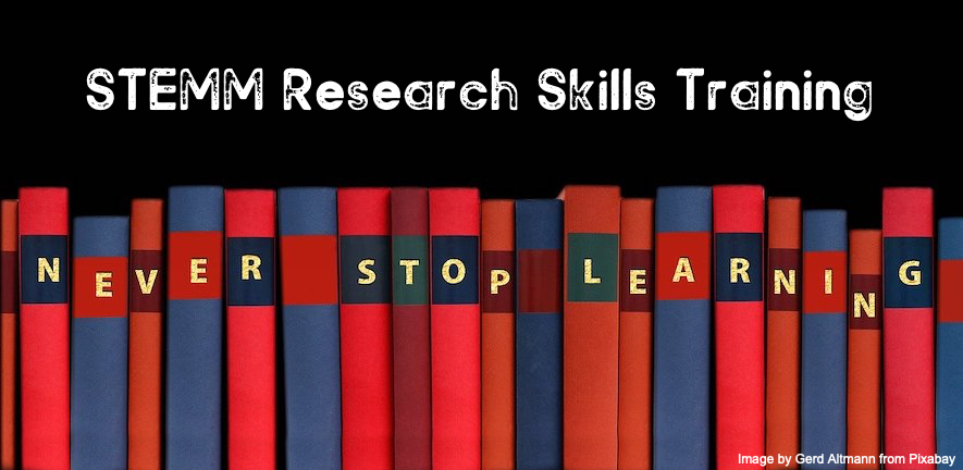 a image of books side to side and on top the phrase: STEMM Research Skills Training