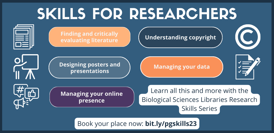 Graphic advertising the Biological Sciences Libraries Research Skills Series. Click to book your place.