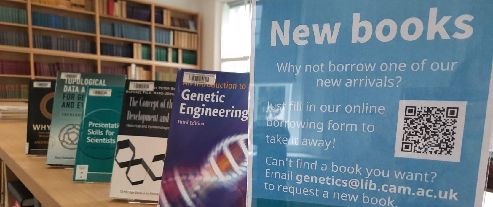 A new books display containing books recently purchased for the Genetics Library.