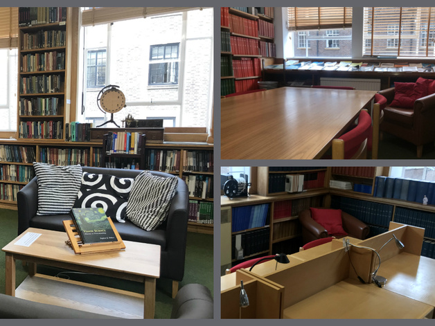Three images of the library's spaces, with bookshelves, desks, chairs and sofas