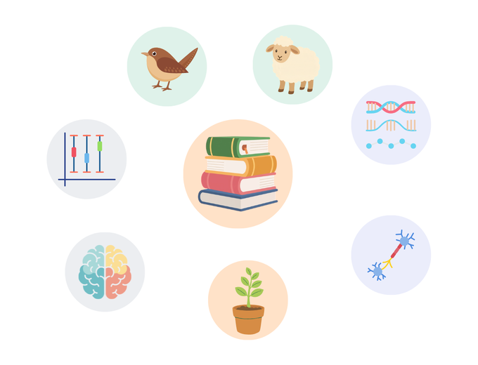 Graphic with symbols representing the librarary service and its subjects: books, a bird, a sheep, a double helix, a nerve cell, a plant, a brain and a statistical diagram.